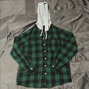 Green and Black Plaid Hooded flannel